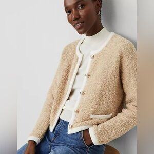Ann Taylor Bouclé Button-Front Jacket in Beige with Cream Trim XS